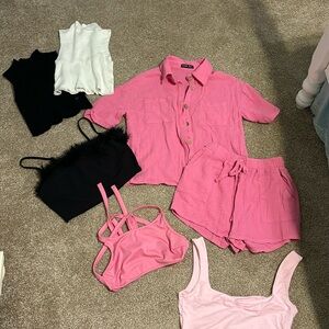 SHEIN pink gauze material short set + 2 tops